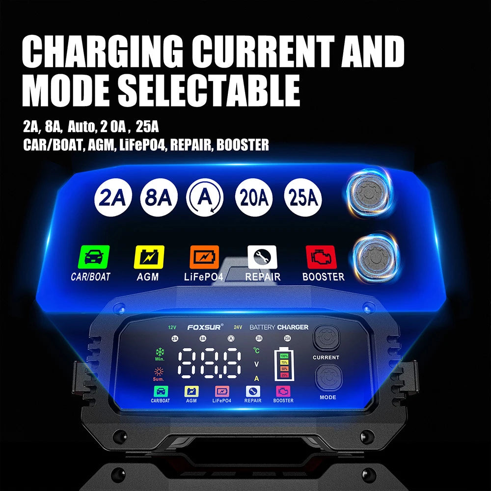 Car Battery Charger 25A/15A Intelligent Pulse Repair for 12V/24V