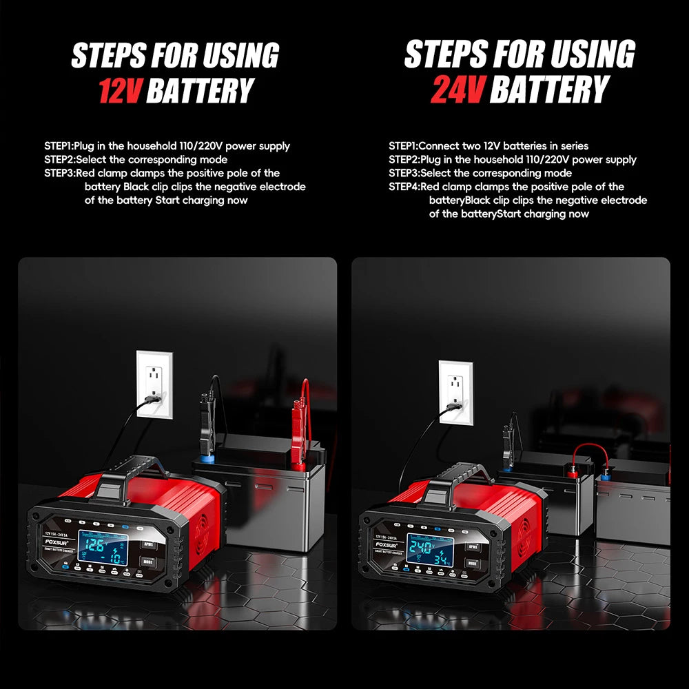 Car Battery Charger for Repair Car Maintainer Full Automatic LCD Display 12V/24V00W