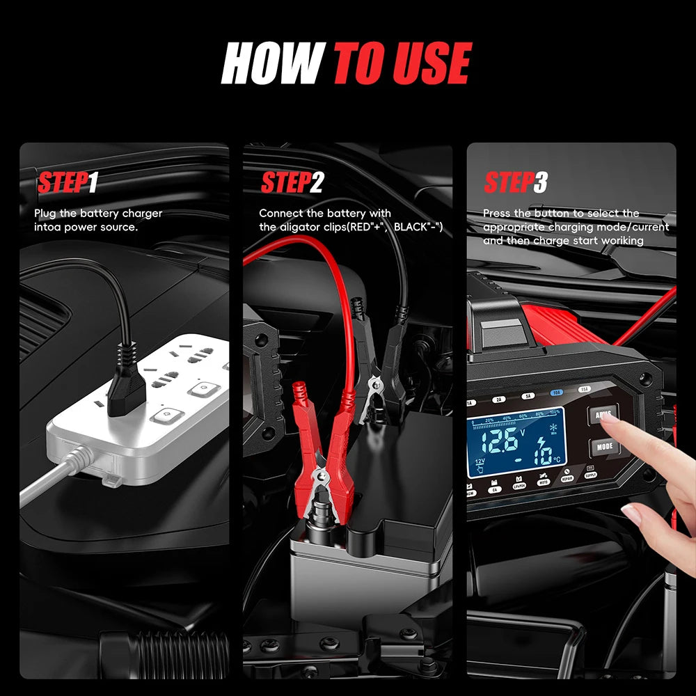 Car Battery Charger for Repair Car Maintainer Full Automatic LCD Display 12V/24V00W