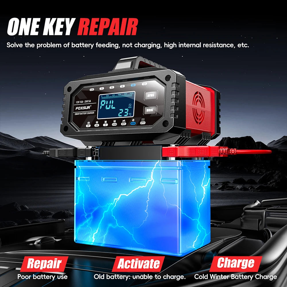 Car Battery Charger for Repair Car Maintainer Full Automatic LCD Display 12V/24V00W