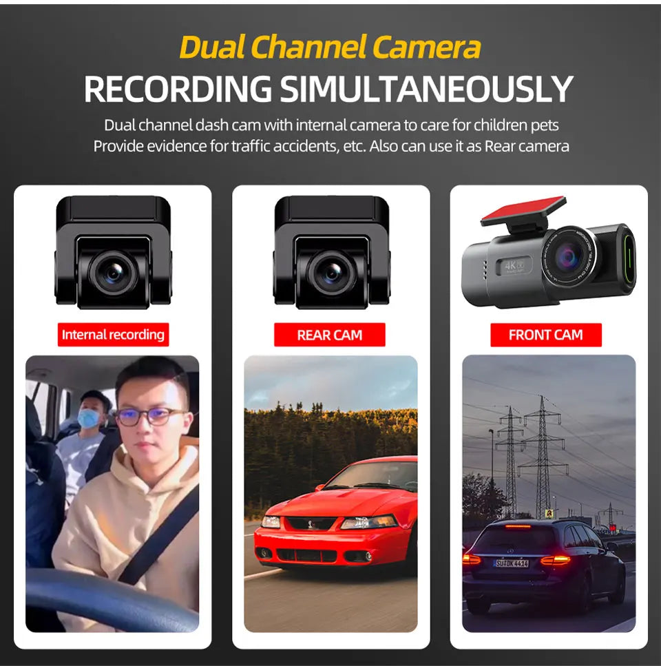 Dash Cam 4K UHD Recording Car Camera DVR Night Vision Video Recorder Built-In Wi-Fi