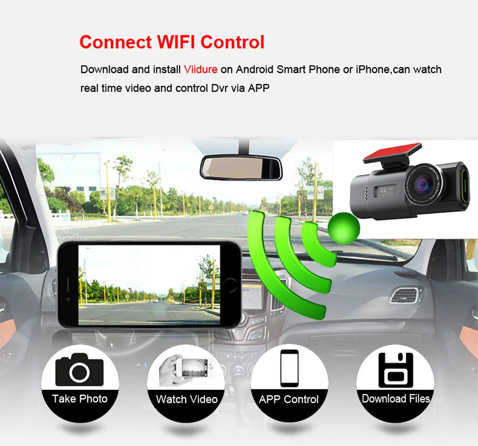 Dash Cam 4K UHD Recording Car Camera DVR Night Vision Video Recorder Built-In Wi-Fi