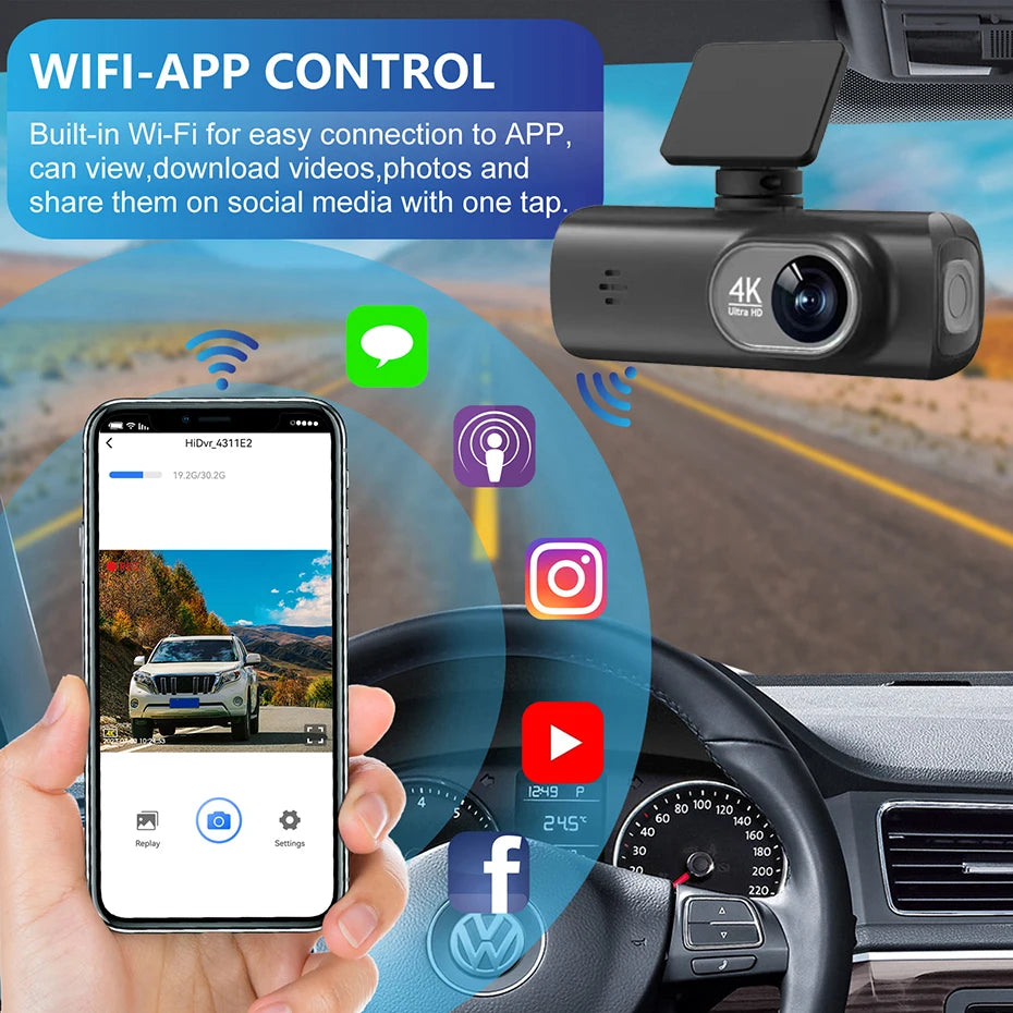 Dash Cam 4K UHD for Car Camera Front Rear Dual Lens With GPS WiFi 24h