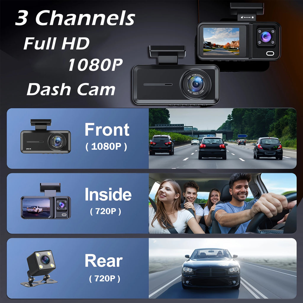 Dash Cam for Cars 3 Channel Car DVR 1080P Camera Video Recorder Front and Rear Inside View Camera