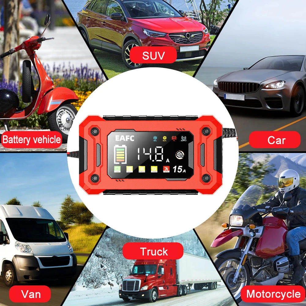 12V 15A Car Battery Charger Larger LCD Display Smart Charger for Car Truck Boat