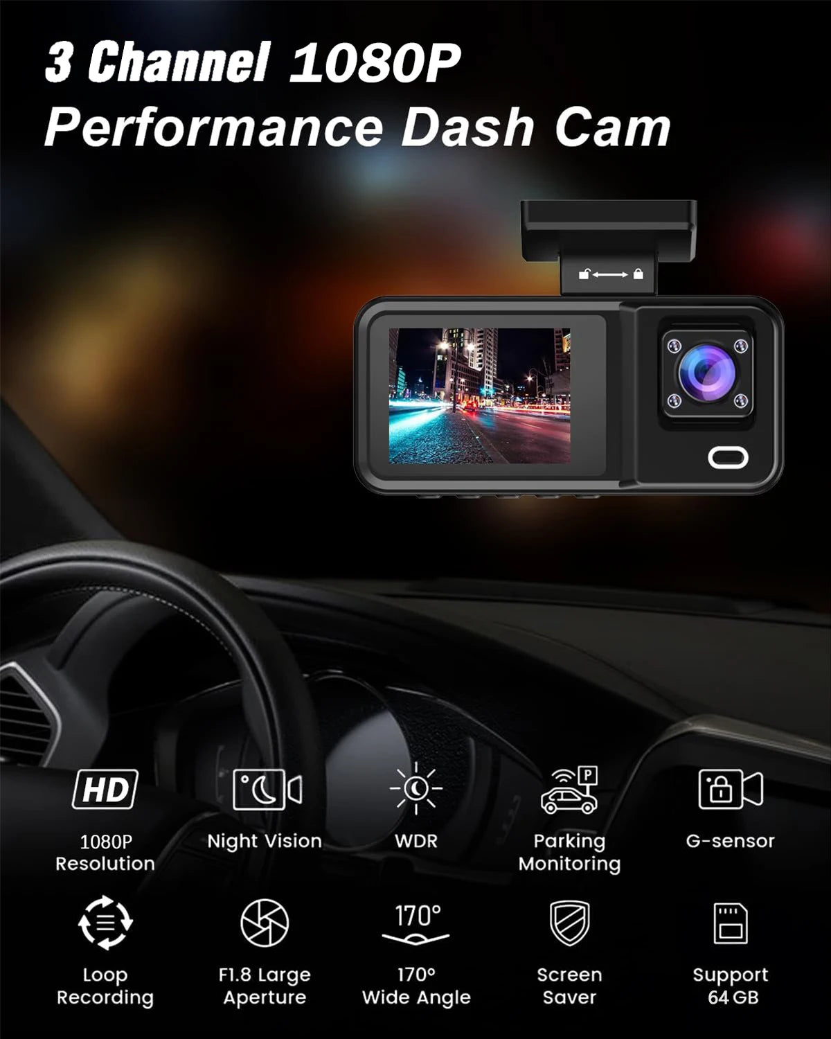 Dash Cam for Cars 3 Channel Car DVR 1080P Camera Video Recorder Front and Rear Inside View Camera