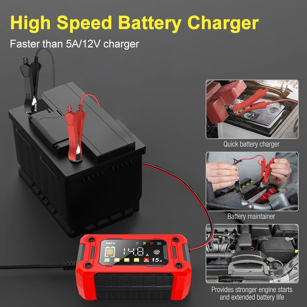 12V 15A Car Battery Charger Larger LCD Display Smart Charger for Car Truck Boat