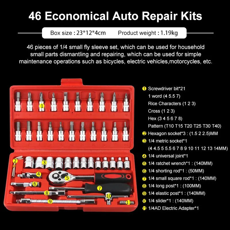 New 46-piece car repair tool kit 1/4 inch socket set