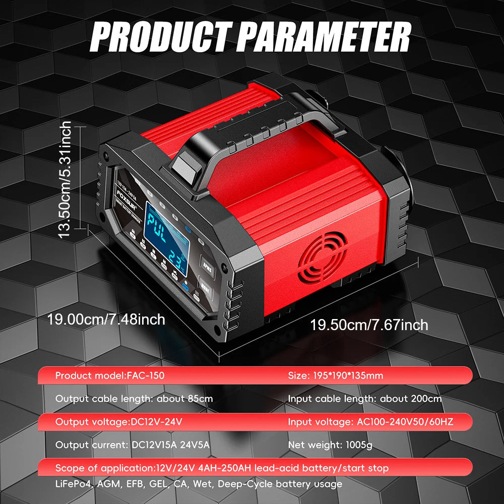 Car Battery Charger for Repair Car Maintainer Full Automatic LCD Display 12V/24V00W