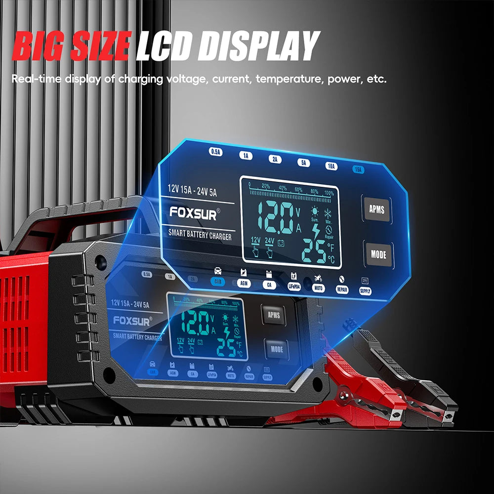 Car Battery Charger for Repair Car Maintainer Full Automatic LCD Display 12V/24V00W