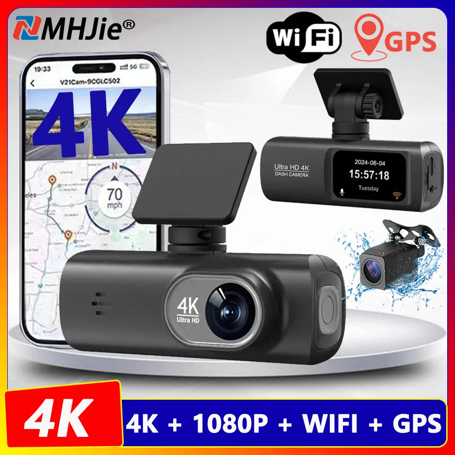 Dash Cam 4K UHD for Car Camera Front Rear Dual Lens With GPS WiFi 24h