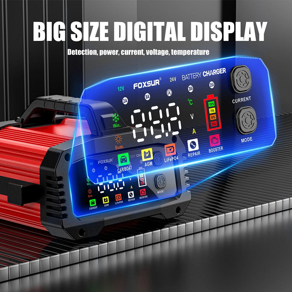 Car Battery Charger 25A/15A Intelligent Pulse Repair for 12V/24V