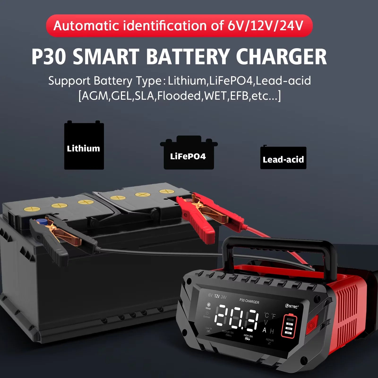 12V/30A 24V/16A Smart Car Battery Charger 6V/10A For Motorcycle