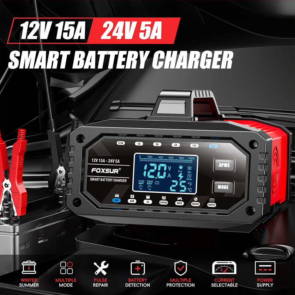 Car Battery Charger for Repair Car Maintainer Full Automatic LCD Display 12V/24V00W