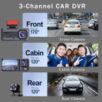 Dash Cam for Cars 3 Channel Car DVR 1080P Camera Video Recorder Front and Rear Inside View Camera