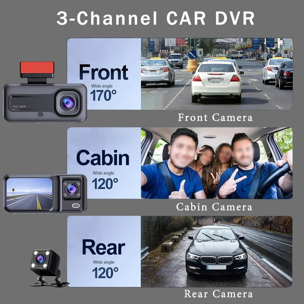 Dash Cam for Cars 3 Channel Car DVR 1080P Camera Video Recorder Front and Rear Inside View Camera