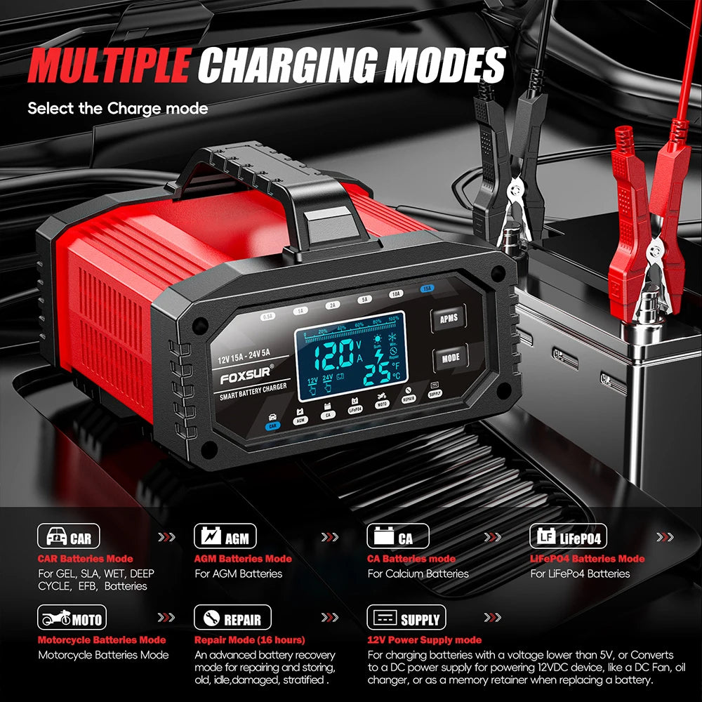 Car Battery Charger for Repair Car Maintainer Full Automatic LCD Display 12V/24V00W
