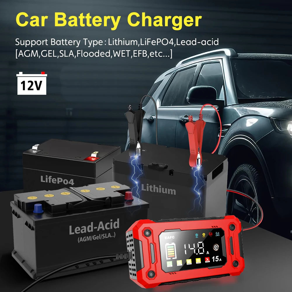 12V 15A Car Battery Charger Larger LCD Display Smart Charger for Car Truck Boat