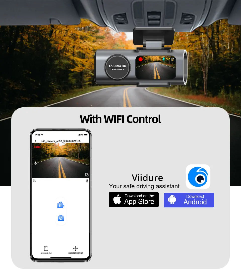 Dash Cam 4K UHD Recording Car Camera DVR Night Vision Video Recorder Built-In Wi-Fi