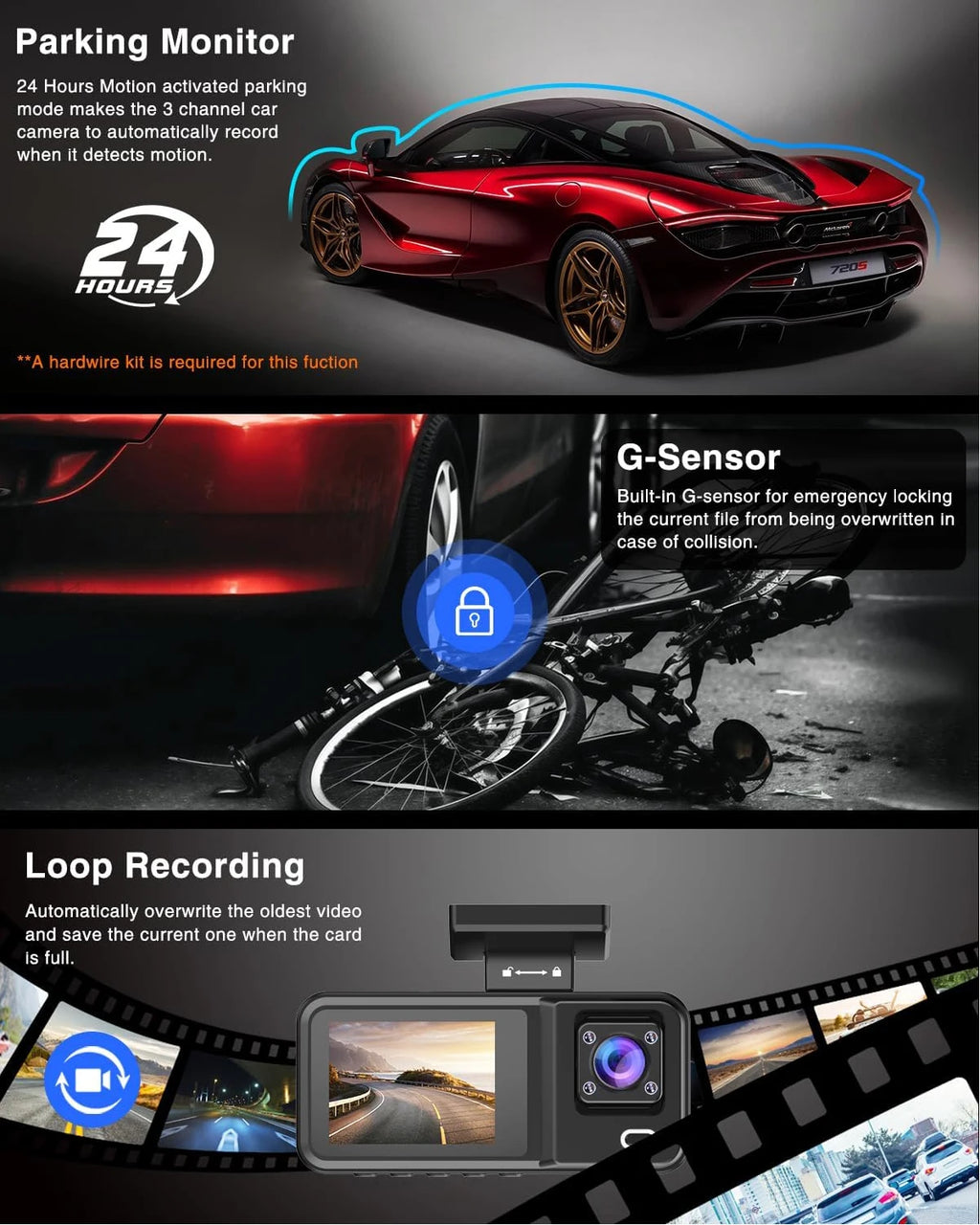 Dash Cam for Cars 3 Channel Car DVR 1080P Camera Video Recorder Front and Rear Inside View Camera