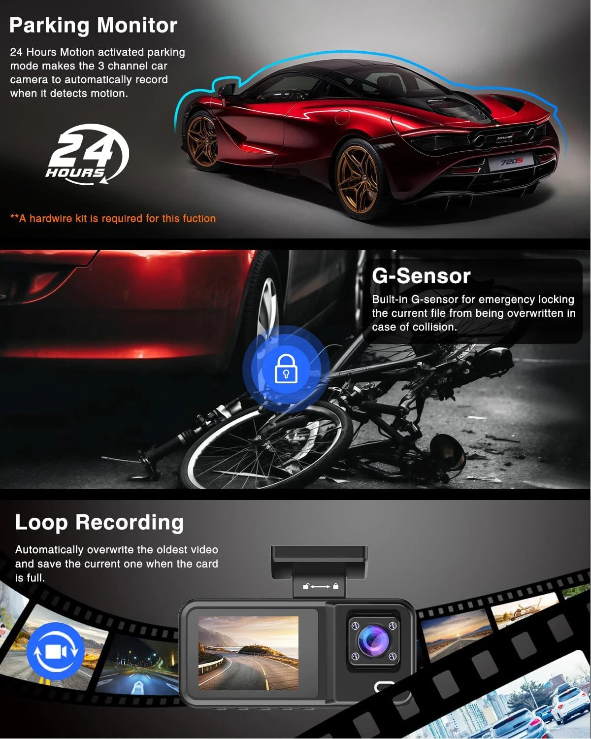 Dash Cam for Cars 3 Channel Car DVR 1080P Camera Video Recorder Front and Rear Inside View Camera